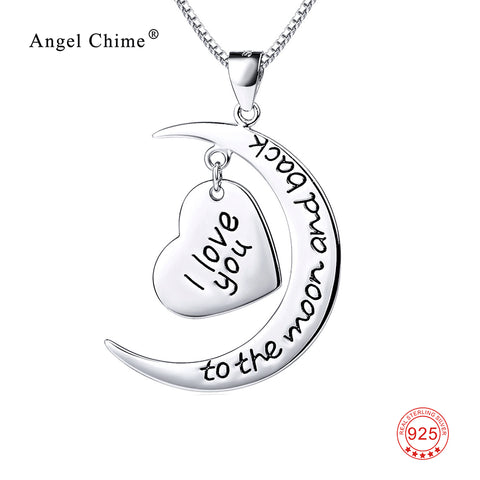 Women Fashion I Love You to The Moon and Back Lettered Pendant 925 Sterling Silver Collier Statement Necklace Jewelry Gift