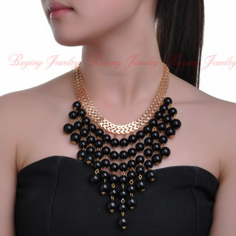 Women New Fashion Style Golden Chain 3 Colors Beads Choker Bib Jewelry Pendant Necklace