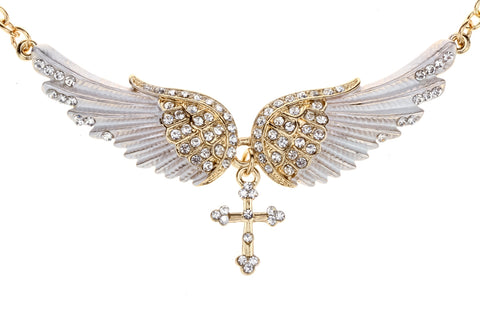 YACQ Angel Wing Cross Choker Necklace Guardian Women Biker Crystal Jewelry Gifts Her Girl Silver Color NC01 Dropshipping (18+2)"