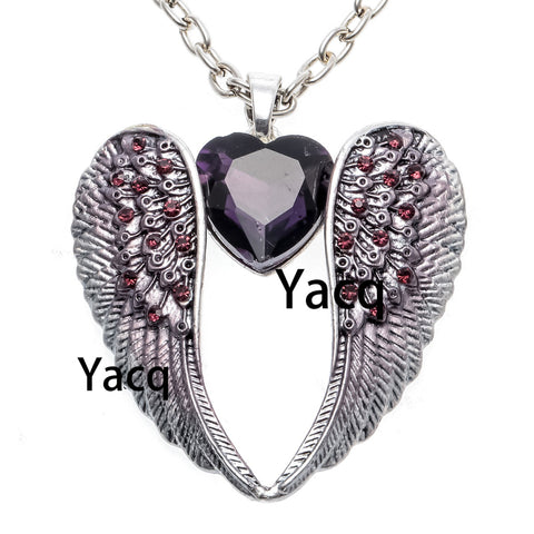 YACQ Guardian Angel Wing Heart Necklace Antique Silver Color Women Girls Biker Bling Crystal Jewelry Gifts Dropshipping NC06