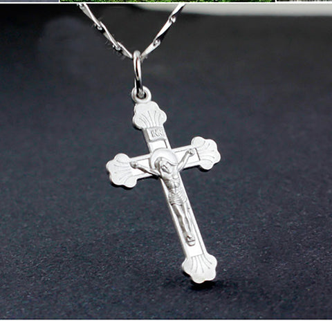 YFN 18inches S990 Stamp Sterling Silver Cross Pendant Necklace Jesus Jewelry Silver Collar Necklace Christmas Gift GND0149X