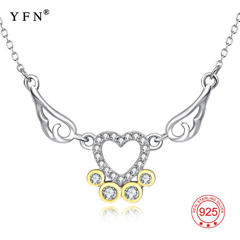YFN 925 Sterling Silver Crystal Love Heart Puppy Paw Print Pendants Necklaces Wings Animal Claw Necklace For Women PYX0236