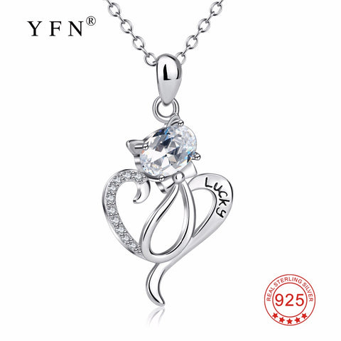 YFN 925 Sterling Silver Crystal Lucky Cat Necklace Love Heart Bowknot Cute Cat Pendants Necklaces Gift For Women Pet Lovers