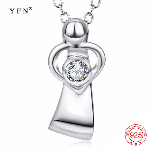 YFN 925 Sterling Silver Mother Love Pendants Necklaces Mom & Child Love Heart Crystal Necklace Fashion Jewelry For Women