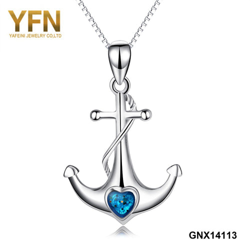 YFN 925 Sterling Silver Trendy Blue Crystal Heart Anchor Pendants Necklaces Chain Unisex Fashion Jewelry GNX14113