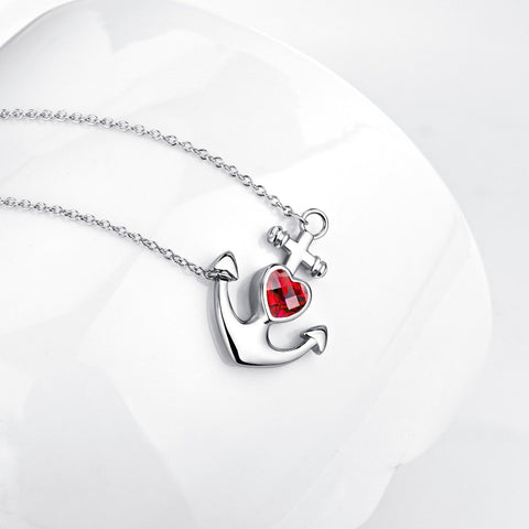 YFN Genuine 925 Sterling Silver Anchor Necklace Red Cubic Zirconia Pendants Necklaces Romantic Choker Jewelry Gift For Women