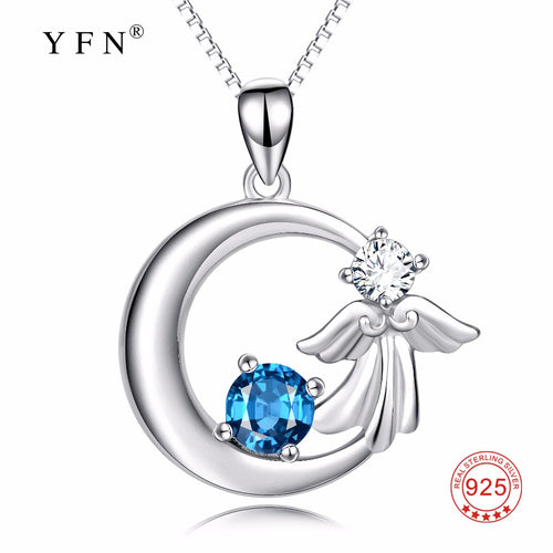 YFN Genuine 925 Sterling Silver Angel Cherub Pendants Necklaces Cubic Zirconia Blue Crystal Jewelry Necklace For Girls Women