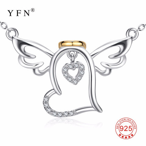 YFN Genuine 925 Sterling Silver Angel Wings Necklace Crystal Love Heart Pendants Necklaces New Arrival Jewelry Choker For Women
