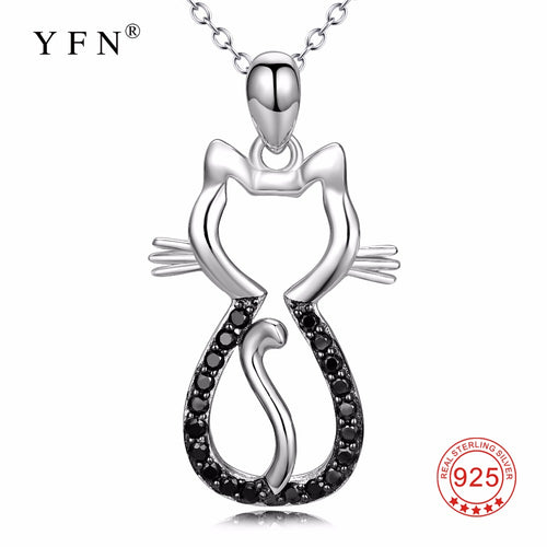 YFN Genuine 925 Sterling Silver Black & White Crystal Cat Pendants Necklaces Cute Necklace Fashion Jewelry For Women Sweet Gifts