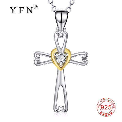 YFN Genuine 925 Sterling Silver Cross Pendants Necklaces Lucky Knot Love Heart Crystal CZ Collier Creative Jewelry For Women