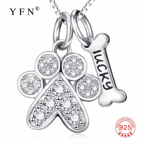 YFN Genuine 925 Sterling Silver Cubic Zirconia Puppy Paw Print Bone Pendants Necklaces Shiny Jewelry Fashion Necklace For Women