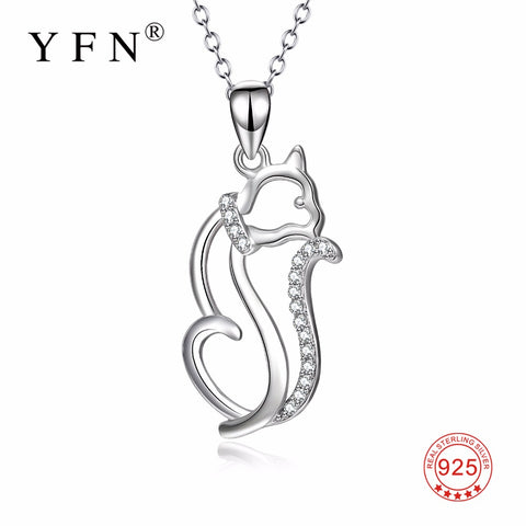 YFN Genuine 925 Sterling Silver Cute Lovely Cat Pendants Necklaces Crystal CZ Hollow Necklace Fashion Jewelry For Women PYX0059
