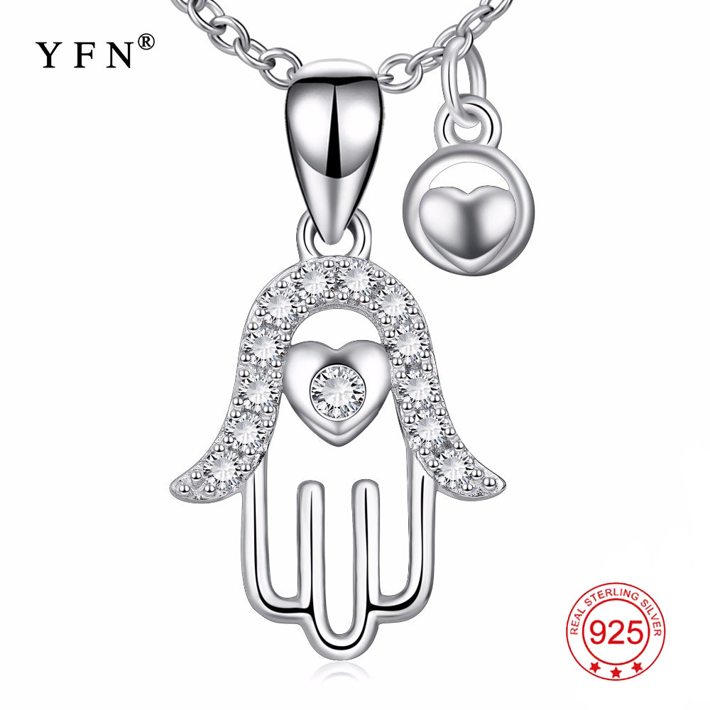 YFN Genuine 925 Sterling Silver Hamsa Hand Crystal Pendants Necklaces Hand Of Fatima Jewelry Fashion Gift For Women PYX0189