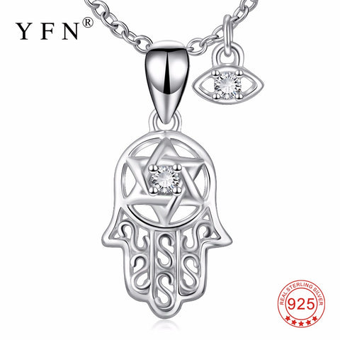 YFN Genuine 925 Sterling Silver Hamsa Hand Evil Eye Pendants Necklaces Hand Of Fatima Nazar Choker Jewelry Gift For Women