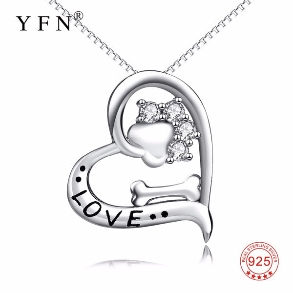 YFN Genuine 925 Sterling Silver Love Heart Crystal CZ Dog Paw Print Bone Pendants Necklaces Puppy Claw Fashion Jewerly For women