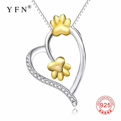 YFN Genuine 925 Sterling Silver Love Heart Crystal Pendants Necklaces Gold Animal Paw Print Lovely Necklace Jewelry For Women