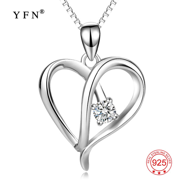 YFN Genuine 925 Sterling Silver Love Heart Cubic Zirconia Hollow Pendants Necklaces Simple Necklace New Jewelry For Women