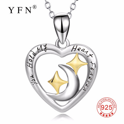 YFN Genuine 925 Sterling Silver Love Heart Moon Star Pendants Necklaces "You Hold My Heart Forever" New Jewelry For Women