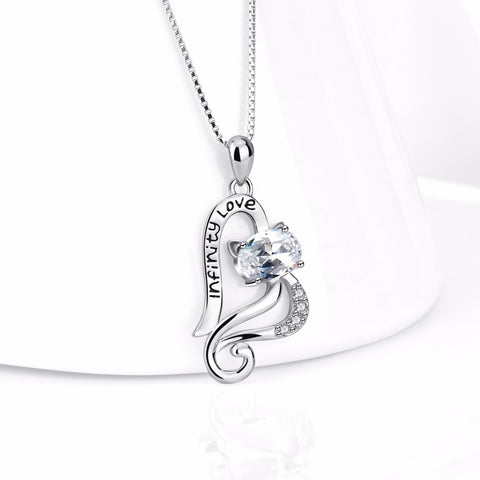 YFN Genuine 925 Sterling Silver Love Open Heart Cute Cat Necklace Infinity Love Crystal Pendants Necklaces Fashion Women Gift