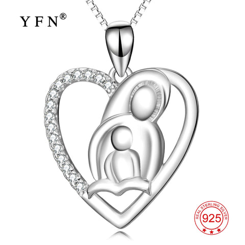 YFN Genuine 925 Sterling Silver Mother & Child Love Heart Pendants Necklaces Fashion Jewelry Necklace For Women PYX0165