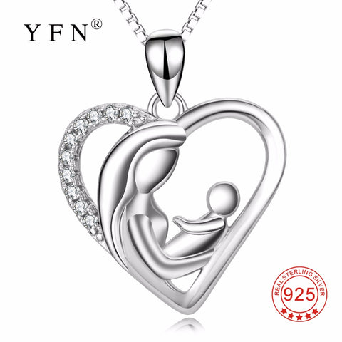 YFN Genuine 925 Sterling Silver Mother & Child Pendants Necklaces Mom Hold Child Mother Love Crystal Jewelry Mother Gift PYX0164