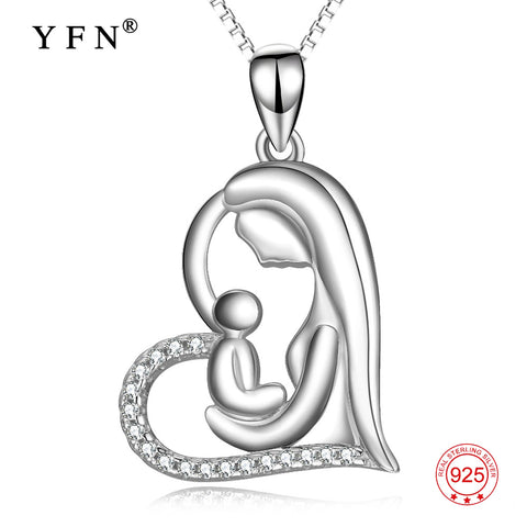 YFN Genuine 925 Sterling Silver Mother & Child Pendants Necklaces Mother Love Crystal Jewelry For Women Mother's Day Gift