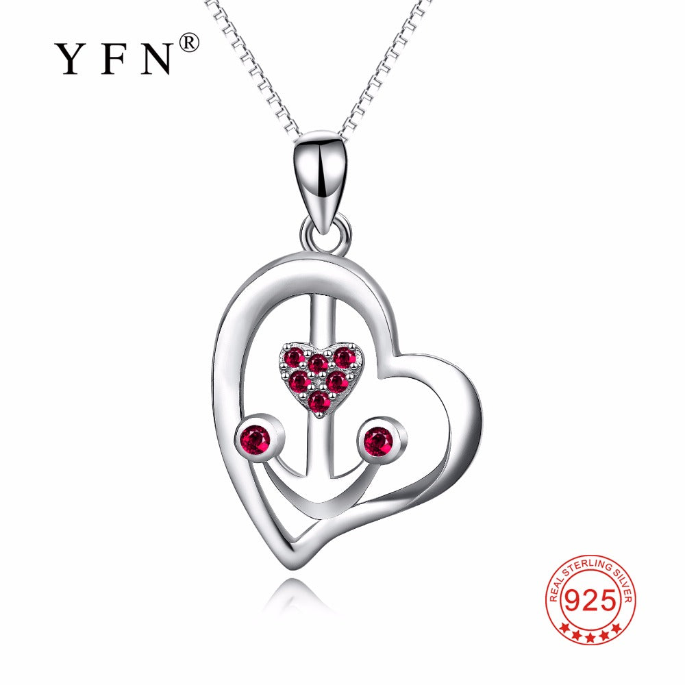 YFN Genuine 925 Sterling Silver Necklace Love Heart Anchor Red Crystal CZ Pendants Necklaces Romantic Jewelry Gift For Women