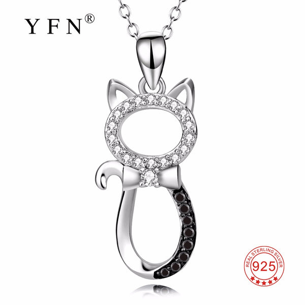 YFN Genuine 925 Sterling Silver Necklace Lovely White Black Crystal Cat Pendants Necklaces Delicate Jewelry For Women PYX0069