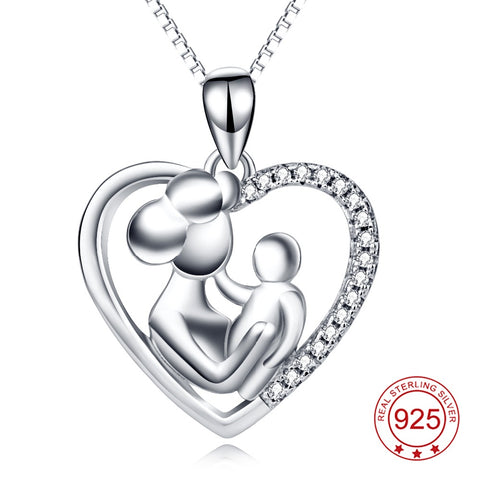 YFN Genuine 925 Sterling Silver Necklace Mother & Child Love Heart Crystal Pendants Necklaces Jewelry Mother's Day gift
