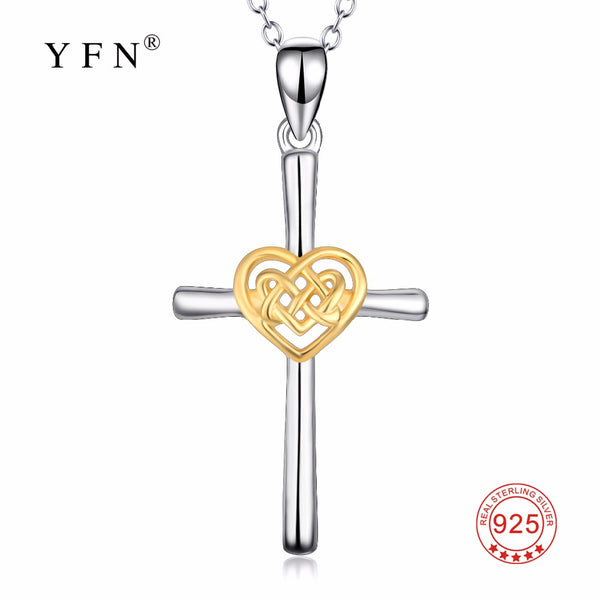 YFN Genuine 925 Sterling Silver Necklace Polished Cross Love Heart Knot Pendants Necklaces New Style Jewelry For Women