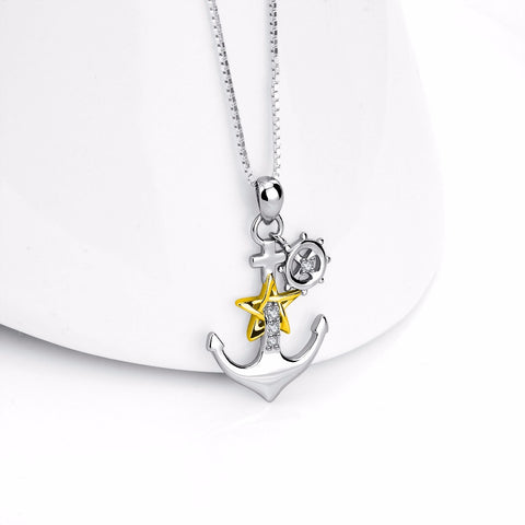 YFN Genuine 925 Sterling Silver Ship Anchor Necklace Gold Star Crystal CZ Pendants Necklaces Fashion Jewelry Gift For Women