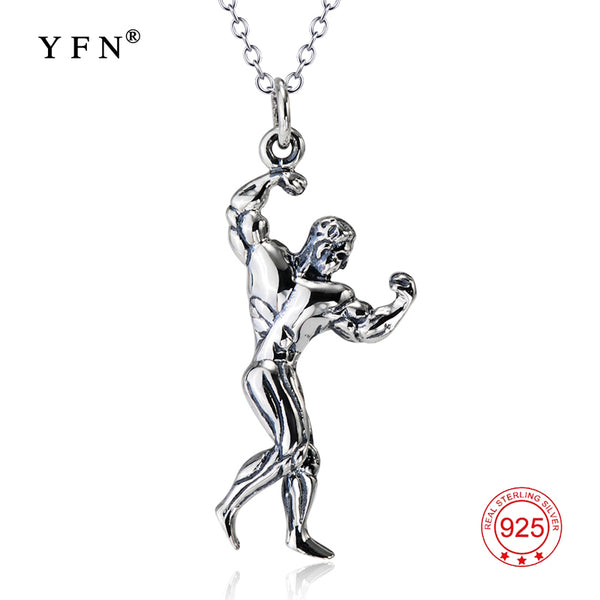 YFN Genuine 925 Sterling Silver Strong Man Bodybuilding Necklace Antique Silver Fitness Jewelry Pendants Necklaces GNX9870
