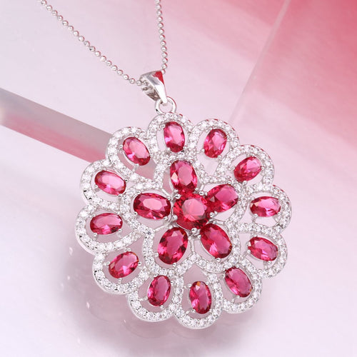ZHE FAN Trendy Cubic Zirconia Big Flower Pendant Necklace For Women Party Accessories Rhodium Plating Gift Jewelry 6 Colors