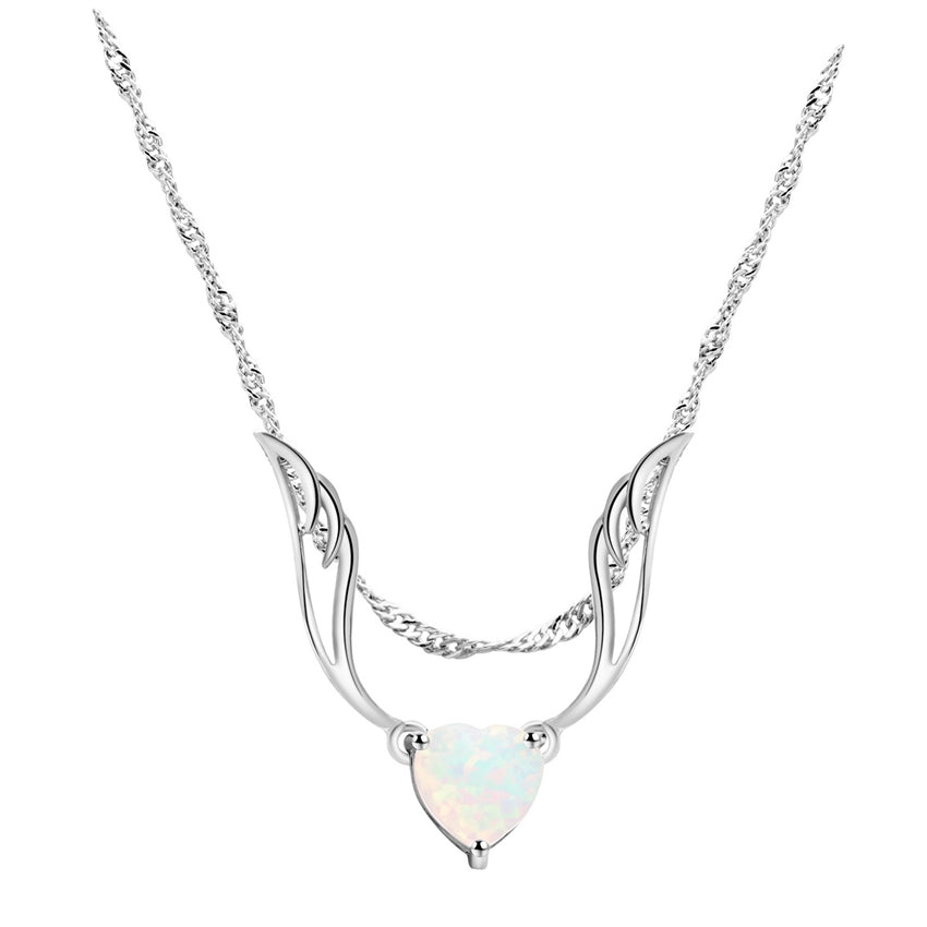 ZHE FAN Women Angel Wings Pendant Necklace White Heart Fire Opal Rhodium Rose Gold Color Plated Jewelry Gifts 3 Ways Wearing