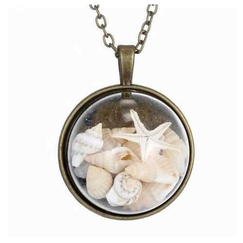BEACH GIRL Sea Shells In Glass Locket Pendant Necklace-JewelryKorner-com