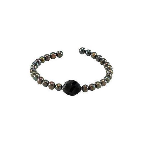 Black Agate & Cultured Freshwater Pearl Cuff 7.5 Inch Bracelet - .925 Sterling Silver-JewelryKorner-com