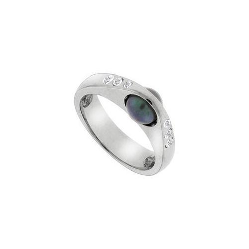 Black Cultured Pearl and Diamond Ring : 14K White Gold - 0.12 CT Diamonds-JewelryKorner-com