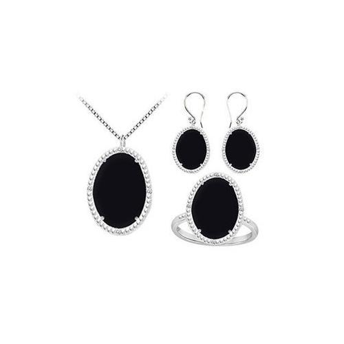 Black Onyx and Cubic Zirconia Pendant with Earrings & Ring Set in Sterling Silver 60.32 CT TGW-JewelryKorner-com