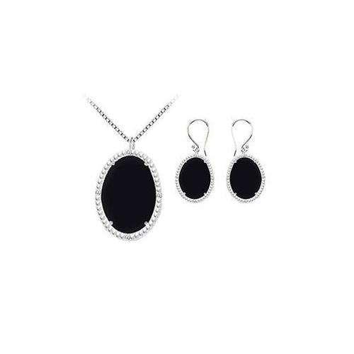 Black Onyx and Cubic Zirconia Pendant with Earrings Set in Sterling Silver 45.24 CT TGW-JewelryKorner-com