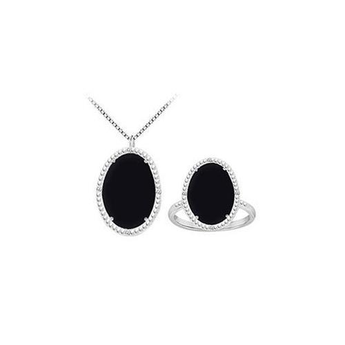 Black Onyx and Cubic Zirconia Pendant with Ring Set in Sterling Silver 30.16 CT TGW-JewelryKorner-com