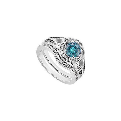 Blue & White Diamond Engagement Ring with Wedding Band Sets 14K White Gold 0.90 CT TDW-JewelryKorner-com