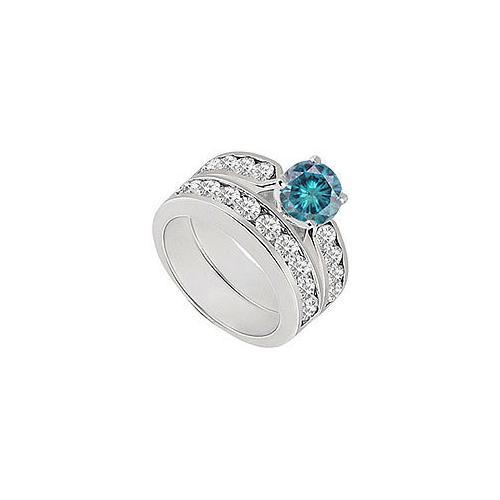 Blue & White Diamond Engagement Ring with Wedding Band Sets 14K White Gold 1.00 CT TDW-JewelryKorner-com