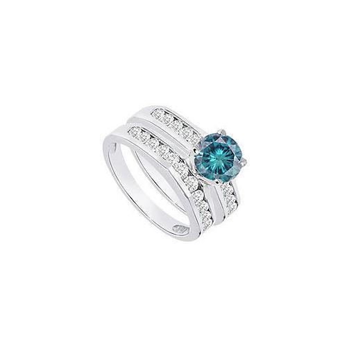 Blue & White Diamond Engagement Ring with Wedding Band Sets 14K White Gold 1.15 CT TDW-JewelryKorner-com