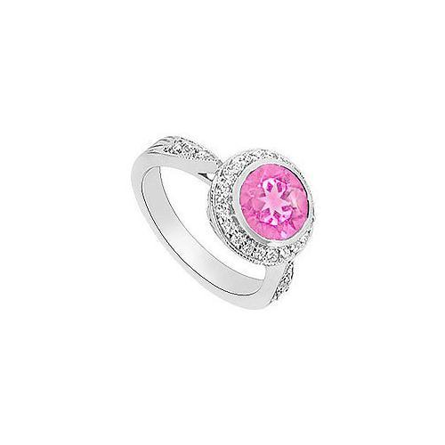 Created Pink Sapphire and Diamond Halo Engagement Ring : 14K White Gold - 2.30 CT TGW-JewelryKorner-com