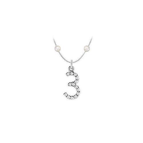 Cubic Zirconia and Cultured Pearl Numeric 3 Charm Pendant : .925 Sterling Silver - 0.06 CT TGW-JewelryKorner-com