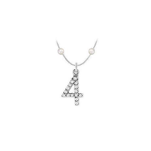 Cubic Zirconia and Cultured Pearl Numeric 4 Charm Pendant : .925 Sterling Silver - 0.07 CT TGW-JewelryKorner-com