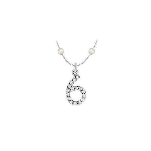 Cubic Zirconia and Cultured Pearl Numeric 6 Charm Pendant : .925 Sterling Silver - 0.07 CT TGW-JewelryKorner-com