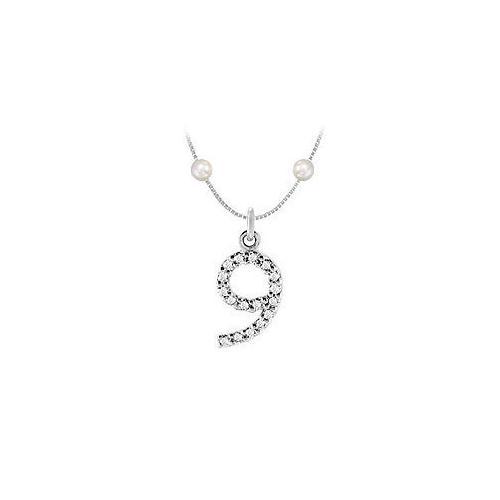 Cubic Zirconia and Cultured Pearl Numeric 9 Charm Pendant : .925 Sterling Silver - 0.08 CT TGW-JewelryKorner-com