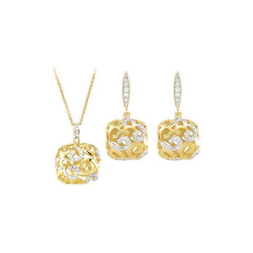 Cubic Zirconia and Sterling Silver Yellow Gold Plated Necklace with Pair Push Back Earrings Set-JewelryKorner-com