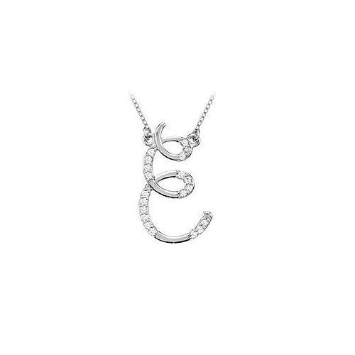Cubic Zirconia Letter E Script Initial Pendant : .925 Sterling Silver - 0.10 CT TGW-JewelryKorner-com